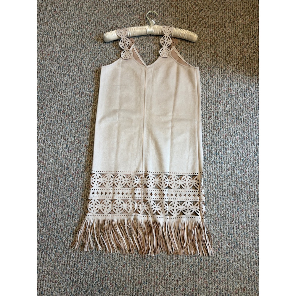 I. Madeline Tan Faux Suede Fringe Laser Cut Shift Dress Beige Medium NWT - Picture 6 of 8